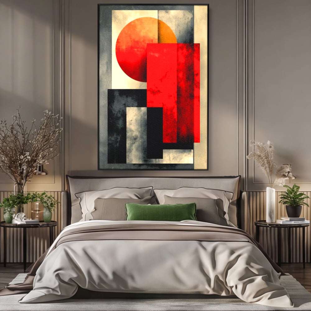 Tablou canvas cu tablou abstract geometric cu soare rosu, in rama de aluminiu negru, pe perete intr-un dormitor